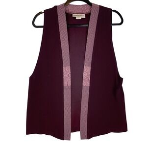 Kanojo USA Burgundy Rayon Kimono Vest Open Front Patterned Trim Petite Small PS